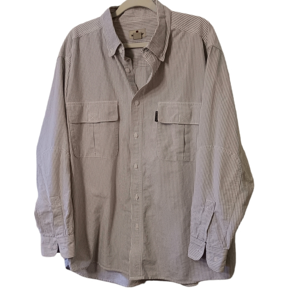 Woolrich 2XL Blue Stripe Button Down with Hook and Loop Pockets